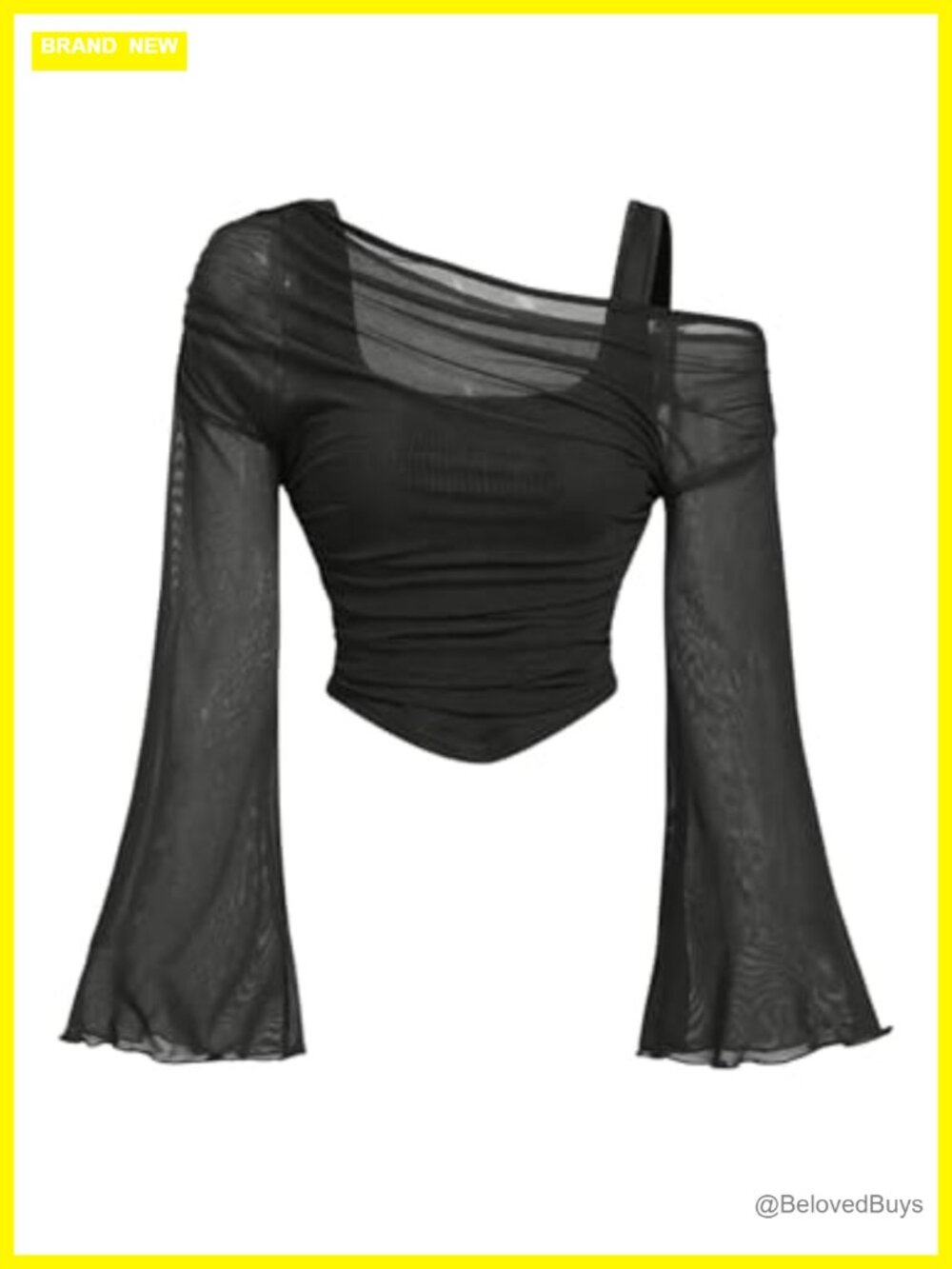 Women's Off Shoulder Mesh Crop Top Long Bell Sleeve Ruched Y2K Clubwear